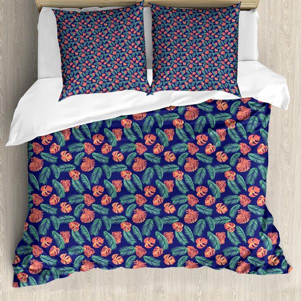 Abakuhaus Set Copripiumino Per Letto Singolo Philodendron, Botanical Leaves, Antiacaro, Adatto A Chi Soffre Di Allergie, Con Federa, 155 Cm X 220 Cm - 80 X 80 Cm, Indigo Burnt Sienna-image