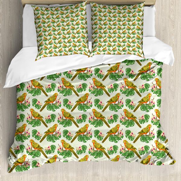Abakuhaus Set Copripiumino Per Letto Singolo Philodendron, Motivo Floreale Esotico Con Pappagalli, Antiacaro E Anallergico, Con Federa, 155 Cm X 220 Cm - 80 X 80 Cm, Verde Pastello Multicolore-image