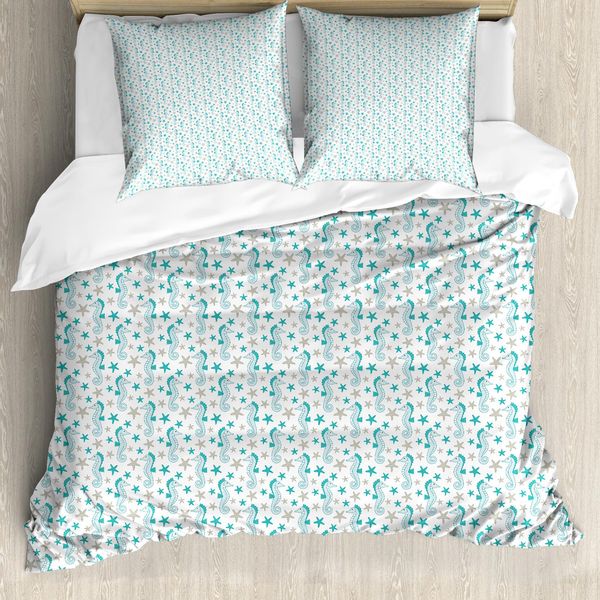 Abakuhaus Set Copripiumino Nautico Per Letti Singoli, Seahorses And Starfish, Antiacaro, Adatto A Chi Soffre Di Allergie, Con Federa, 155 Cm X 220 Cm - 80 X 80 Cm, Dunkler Seafoam Pale Sepia-image