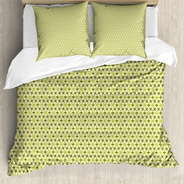 Set Copripiumino Abakuhaus Per Letti Singoli, Fiori Monocromatici, Antiacaro, Adatto A Chi Soffre Di Allergie, Con Federa, 155 Cm X 220 Cm - 80 X 80 Cm, Verde Marrone Giallo Verde-image