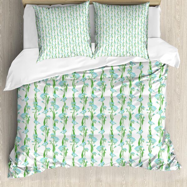 Abakuhaus Set Copripiumino Per Letti Singoli, Strisce Verticali Con Motivi Floreali, Antiacaro, Adatto A Chi Soffre Di Allergie, Con Federa, 155 Cm X 220 Cm - 80 X 80 Cm, Fern Green Sky Blue-image