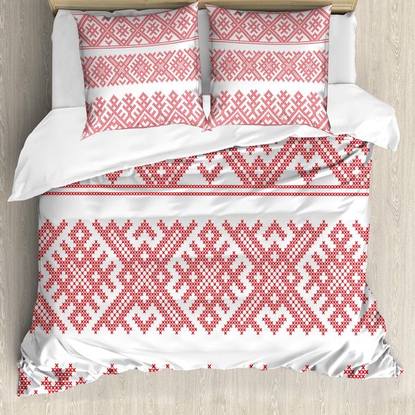 Abakuhaus Set Copripiumino Russo Per Letti Singoli, Motivi Slavi Artistici, Antiacaro, Adatto A Chi Soffre Di Allergie, Con Federa, 155 Cm X 220 Cm - 80 X 80 Cm, Vermiglio E Bianco-image