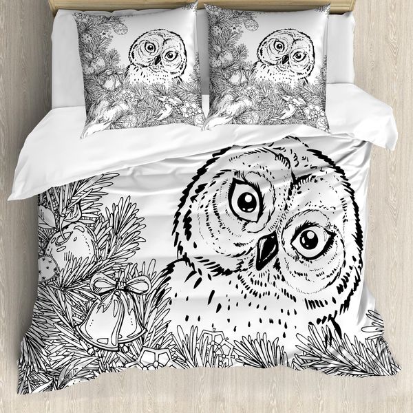 Abakuhaus Set Copripiumino Con Stampa Gufo Per Letti Singoli, Decorazioni Natalizie, Antiacaro, Adatto A Chi Soffre Di Allergie, Con Federa, 155 Cm X 220 Cm - 80 X 80 Cm, Grigio Antracite Bianco Grigio-image