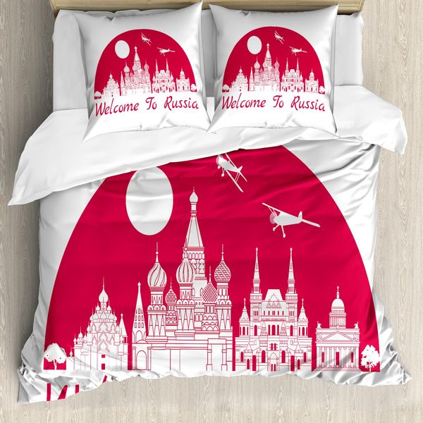Abakuhaus Set Copripiumino Russo Per Letti Singoli, Caratteristico Dell'architettura Urbana, Antiacaro, Adatto A Chi Soffre Di Allergie, Con Federa, 200 Cm X 200 Cm - 80 X 80 Cm, Rosa Scuro E Bianco-image