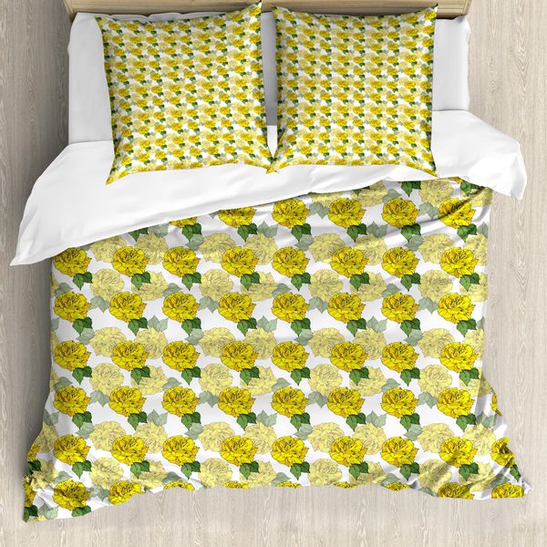 Abakuhaus Set Copripiumino Per Letti Singoli, Fiori Primaverili Grafici, Antiacaro, Adatto A Chi Soffre Di Allergie, Con Federa, 155 Cm X 220 Cm - 80 X 80 Cm, Senape, Verde, Bianco-image