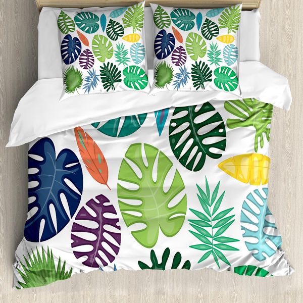 Abakuhaus Set Copripiumino Philodendron Per Letti Singoli, Foglie Colorate E Vivaci, Antiacaro, Adatto A Chi Soffre Di Allergie, Con Federa, 155 Cm X 220 Cm - 80 X 80 Cm, Bianco Multicolore-image