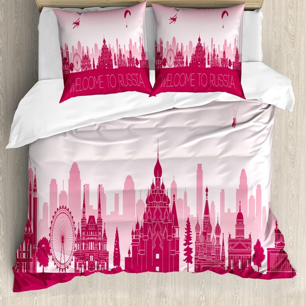 Abakuhaus Set Copripiumino Russo Per Letti Singoli, Caratteristico Della Città Turistica, Antiacaro, Adatto A Chi Soffre Di Allergie, Con Federa, 200 Cm X 200 Cm - 80 X 80 Cm, Rosa Pallido Magenta-image