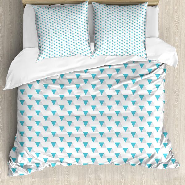 Abakuhaus Set Copripiumino Geometrico Per Letti Singoli, Disegno A Triangoli Diagonali, Antiacaro E Anallergico Con Federa, 155 Cm X 220 Cm - 80 X 80 Cm, Blu Mare E Tortora Chiaro-image