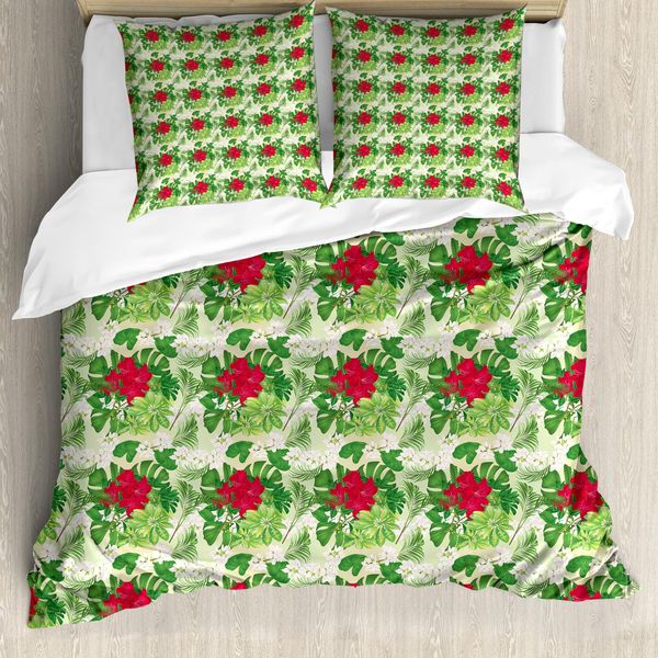 Abakuhaus Set Copripiumino Per Letto Singolo Philodendron, Rhythmische Vivid Bouquet, Antiacaro, Adatto A Chi Soffre Di Allergie, Con Federa, 155 Cm X 220 Cm - 80 X 80 Cm, Verde Chiaro Rosa Scuro-image