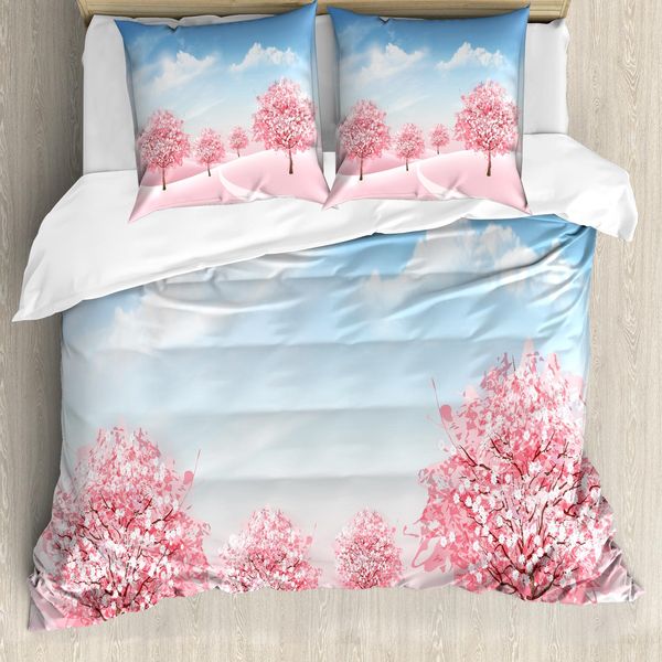 Abakuhaus Set Copripiumino Primaverile Per Letti Singoli, Blooming Sakura Baum-Szene, Antiacaro, Adatto A Chi Soffre Di Allergie, Con Federa, 155 Cm X 220 Cm - 80 X 80 Cm, Azzurro Cielo Rosa Pastello-image