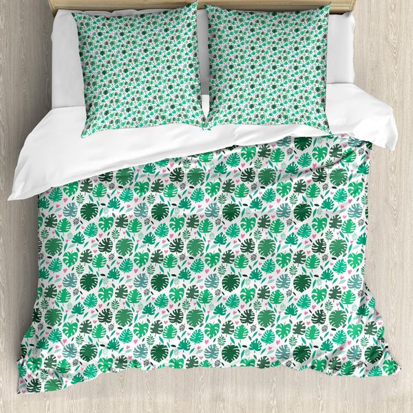 Abakuhaus Set Copripiumino Per Letto Singolo Philodendron, Foglie E Cuori Artistici, Antiacaro, Adatto A Chi Soffre Di Allergie, Con Federa, 200 Cm X 200 Cm - 80 X 80 Cm, Verde Giada Multicolore-image