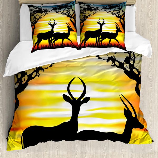 Abakuhaus Set Copripiumino Antilope Per Letti Singoli, Animali Al Tramonto, Antiacaro, Adatto A Chi Soffre Di Allergie, Con Federa, 200 Cm X 200 Cm - 80 X 80 Cm, Multicolore Grigio Antracite-image