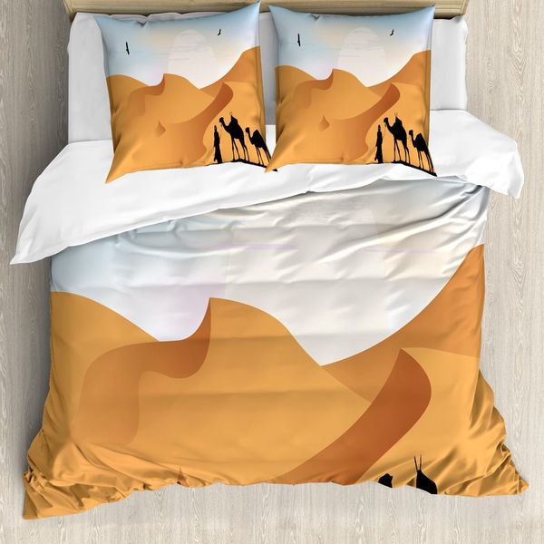Abakuhaus Set Copripiumino Per Letti Singoli, Cammelli E Silhouette Maschile, Antiacaro, Adatto A Chi Soffre Di Allergie, Con Federa, 155 Cm X 220 Cm - 80 X 80 Cm, Arancione Persiano E Azzurro-image