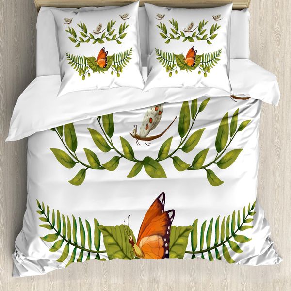 Abakuhaus Set Copripiumino Per Letti Singoli, Rami Fogliati E Farfalle, Antiacaro, Adatto A Chi Soffre Di Allergie, Con Federa, 155 Cm X 220 Cm - 80 X 80 Cm, Bianco Verde Oliva-image