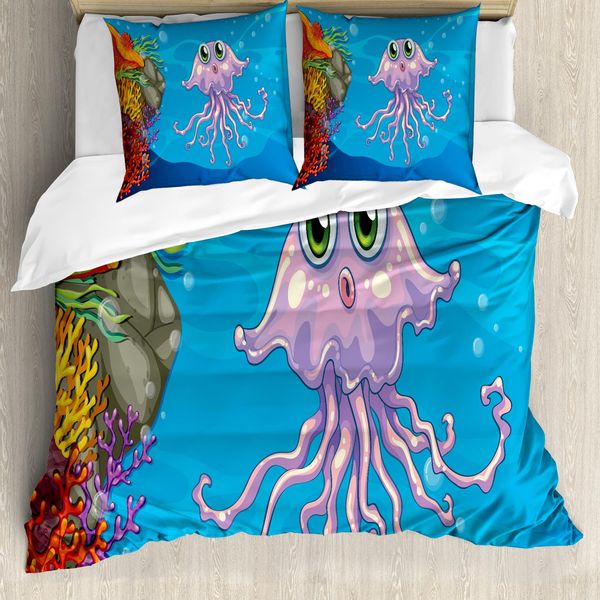 Abakuhaus Set Copripiumino Per Letto Singolo, Motivo Acquatico, Antiacaro, Adatto A Chi Soffre Di Allergie, Con Federa, 155 Cm X 220 Cm - 80 X 80 Cm, Blu Azzurro Multicolore-image