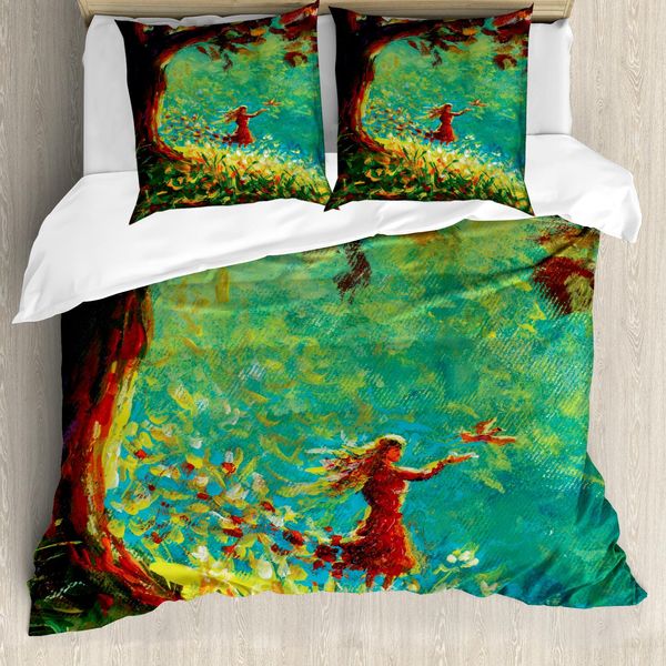 Abakuhaus Set Copripiumino Per Letto Singolo, Dipinto Con Scena Boschiva, Antiacaro, Adatto A Chi Soffre Di Allergie, Con Federa, 155 Cm X 220 Cm - 80 X 80 Cm, Multicolore-image