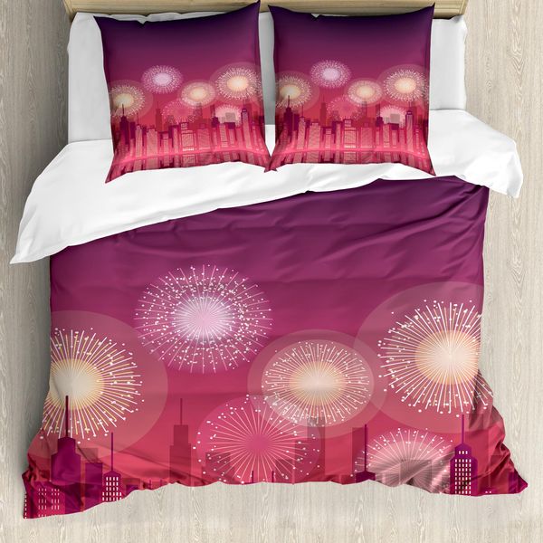 Abakuhaus Set Copripiumino Nottocean Per Letti Singoli, Paesaggio Urbano Fuochi D'artificio, Antiacaro, Adatto A Chi Soffre Di Allergie, Con Federa, 155 Cm X 220 Cm - 80 X 80 Cm, Melanzana Rose Essiccate-image