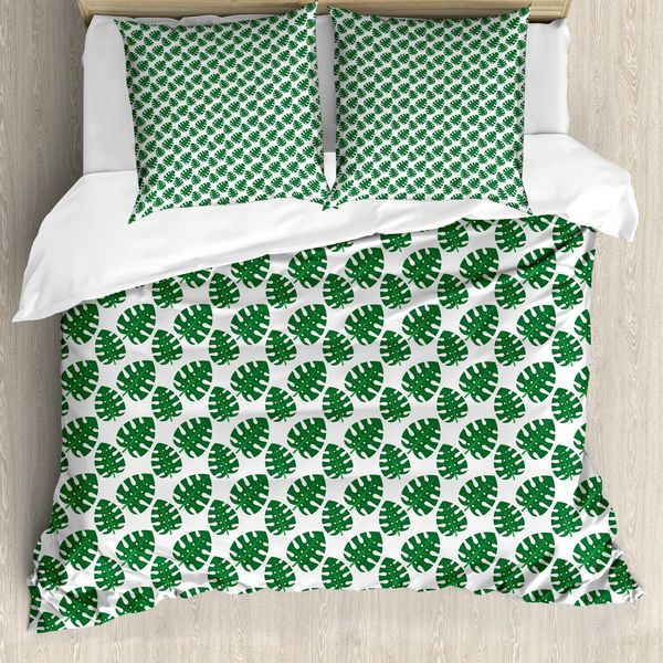 Abakuhaus Set Copripiumino Per Letto Singolo Philodendron, Jungle Leaves, Antiacaro, Adatto A Chi Soffre Di Allergie, Con Federa, 155 Cm X 220 Cm - 80 X 80 Cm, Verde E Bianco-image