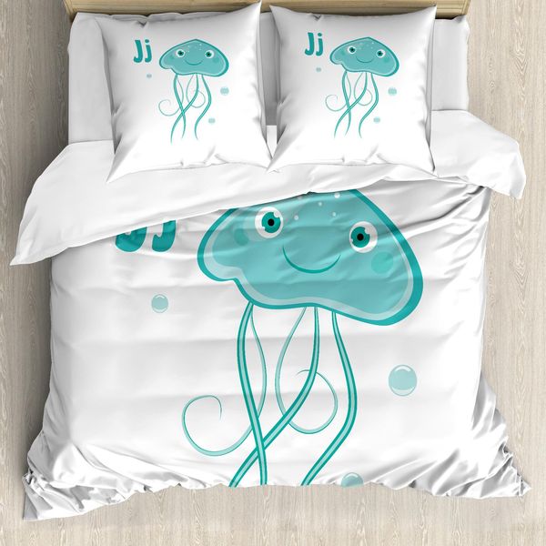 Abakuhaus Set Copripiumino Per Letto Singolo, Lettera J-Cartoon-Animale, Antiacaro Adatto A Chi Soffre Di Allergie Con Federa, 200 Cm X 200 Cm - 80 X 80 Cm, Seafoam Seafoam Scuro-image