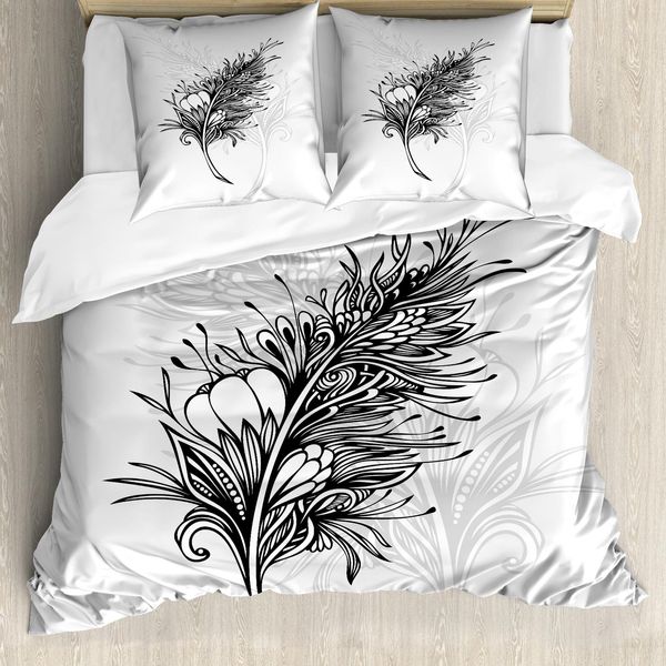 Abakuhaus Set Copripiumino Per Letti Singoli, Stile Doodle Plumage Boho, Antiacaro, Adatto A Chi Soffre Di Allergie, Con Federa, 155 Cm X 220 Cm - 80 X 80 Cm, Grigio Antracite Bianco-image