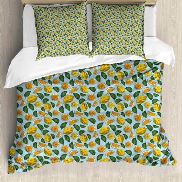 Abakuhaus Set Copripiumino Per Letto Singolo, Motivo Con Frutta Acida E Foglie, Antiacaro, Adatto A Chi Soffre Di Allergie, Con Federa, 155 Cm X 220 Cm - 80 X 80 Cm, Blu Pallido Multicolore-image