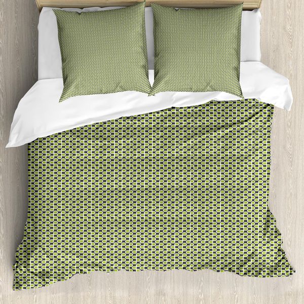 Abakuhaus Set Copripiumino Astratto Per Letti Singoli, Mini Rettangoli Simmetrici, Antiacaro, Adatto A Chi Soffre Di Allergie, Con Federa, 155 Cm X 220 Cm - 80 X 80 Cm, Verde Lime, Tortora, Grigio-image