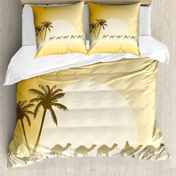 Abakuhaus Set Copripiumino DüNe Per Letti Singoli, Cammello-Roulotte E Palme, Antiacaro, Adatto A Chi Soffre Di Allergie, Con Federa, 155 Cm X 220 Cm - 80 X 80 Cm, Giallo Fulvo-image