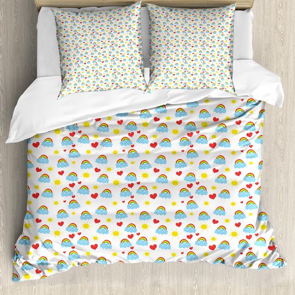 Abakuhaus Set Copripiumino Per Lettini Singoli, Nuvole Arcobaleno Sun Nursery, Antiacaro, Adatto A Chi Soffre Di Allergie, Con Federa, 155 Cm X 220 Cm - 80 X 80 Cm, Bianco Multicolore-image