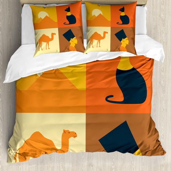 Abakuhaus Set Copripiumino Egiziano Per Letti Singoli, Cammello-Piramidi, Antiacaro, Adatto A Chi Soffre Di Allergie, Con Federa, 200 Cm X 200 Cm - 80 X 80 Cm, Arancione Senape Blu Scuro-image