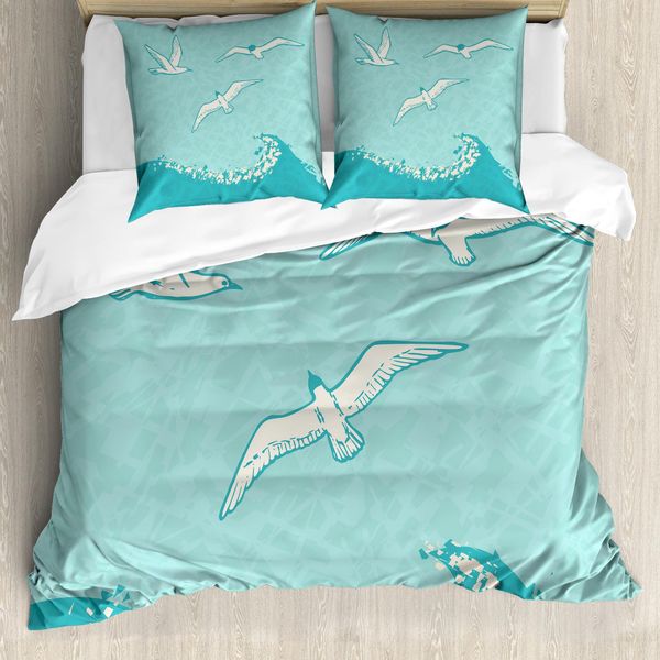 Abakuhaus Set Copripiumino Astratto Per Letti Singoli, Gabbiani Che Volano Sulle Onde, Antiacaro, Adatto A Chi Soffre Di Allergie, Con Federa, 155 Cm X 220 Cm - 80 X 80 Cm, Seafoam Seafoam-image