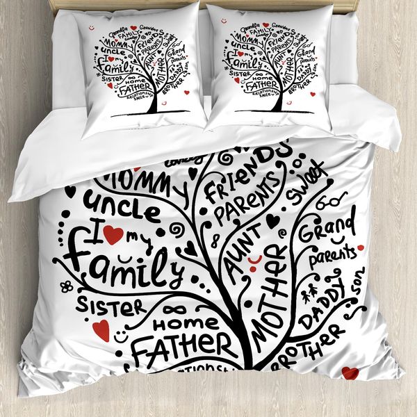 Abakuhaus Set Copripiumino Per Letto Singolo Con Motivo Genealogico, Doodling Calligrafico, Antiacaro E Anallergico Con Federa, 200 Cm X 200 Cm - 80 X 80 Cm, Grigio Antracite E Vermiglio-image