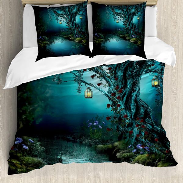 Abakuhaus Set Copripiumino Nottocean Per Letti Singoli, Mystical Forest Lake, Antiacaro, Adatto A Chi Soffre Di Allergie, Con Federa, 155 Cm X 220 Cm - 80 X 80 Cm, Multicolore-image