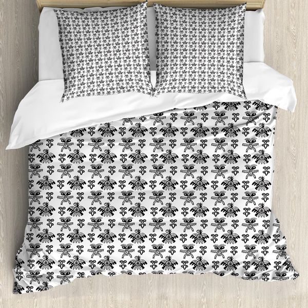 Abakuhaus Set Copripiumino Etnico Per Letti Singoli, Motivi Monocromatici Folk Feels, Antiacaro, Adatto A Chi Soffre Di Allergie, Con Federa, 200 Cm X 200 Cm - 80 X 80 Cm, Grigio Antracite E Bianco-image