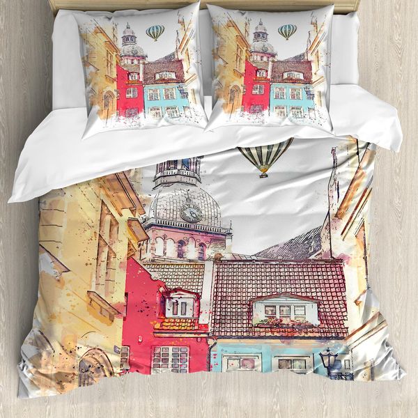 Abakuhaus Set Copripiumino Per Letto Singolo, Acquerello, Architettura Di Riga, Antiacaro, Adatto A Chi Soffre Di Allergie, Con Federa, 200 Cm X 200 Cm - 80 X 80 Cm, Multicolore-image