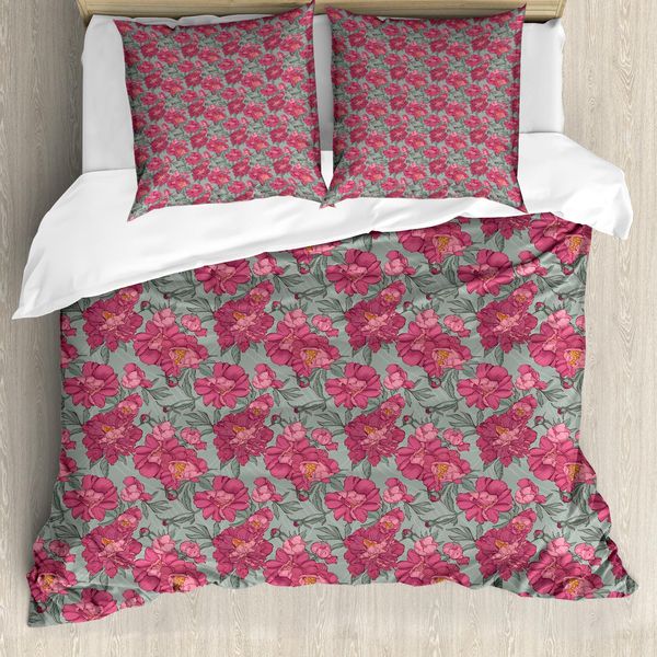 Abakuhaus Set Copripiumino Per Letti Singoli, Fiori Di Peonia In Boccio, Antiacaro, Adatto A Chi Soffre Di Allergie, Con Federa, 200 Cm X 200 Cm - 80 X 80 Cm, Rose Essiccate Verde Reseda-image