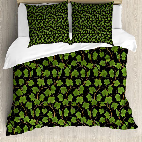 Abakuhaus Set Copripiumino Per Letto Singolo, Foglie Di Vite Su Sfondo Scuro, Antiacaro E Anallergico, Con Federa, 200 Cm X 200 Cm - 80 X 80 Cm, Verde Oliva, Nero, Ambra-image