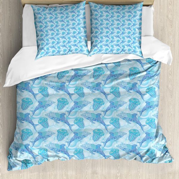 Abakuhaus Set Copripiumino Per Letto Singolo, Dolphins Round, Antiacaro, Adatto A Chi Soffre Di Allergie, Con Federa, 155 Cm X 220 Cm - 80 X 80 Cm, Pale Sky Blue Multicolor-image