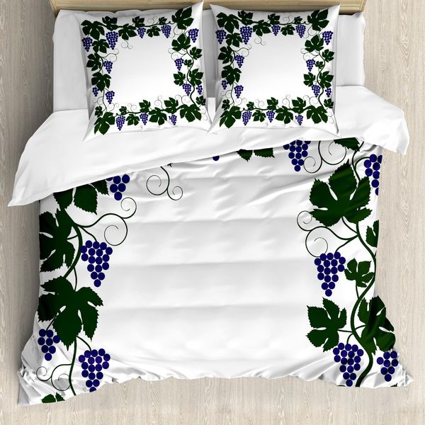 Abakuhaus Set Copripiumino Per Letti Singoli, Motivo Grafico Con Foglie Di Vite, Antiacaro E Anallergico, Con Federa, 155 Cm X 220 Cm - 80 X 80 Cm, Verde Scuro E Indaco-image