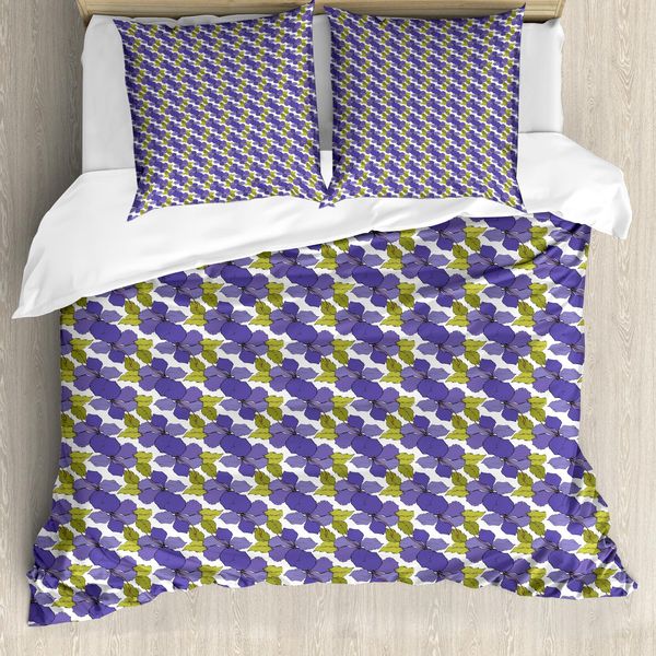 Abakuhaus Set Copripiumino Per Letto Singolo, Motivo Botanico Ibisco E Foglie, Antiacaro, Adatto A Chi Soffre Di Allergie, Con Federa, 200 Cm X 200 Cm - 80 X 80 Cm, Viola, Bianco, Verde Oliva-image