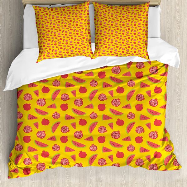 Abakuhaus Set Copripiumino Per Letti Singoli, Melograno E Anguria, Antiacaro, Adatto A Chi Soffre Di Allergie, Con Federa, 155 Cm X 220 Cm - 80 X 80 Cm, Terra Giallo Multicolore-image