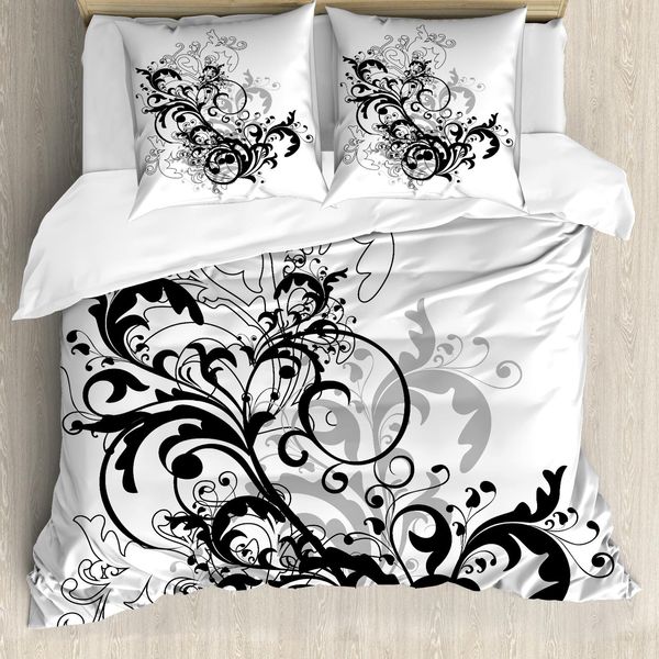 Set Copripiumino Abakuhaus Per Letti Singoli, Foglie Astratte Monocromatiche, Antiacaro, Adatto A Chi Soffre Di Allergie, Con Federa, 200 Cm X 200 Cm - 80 X 80 Cm, Nero, Tortora Chiaro, Bianco-image