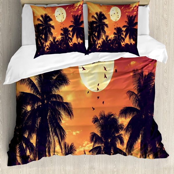 Abakuhaus Set Copripiumino Nottocean Per Letti Singoli, Palms Full Moon Birds, Antiacaro, Adatto A Chi Soffre Di Allergie, Con Federa, 155 Cm X 220 Cm - 80 X 80 Cm, Viola Scuro Arancione-image