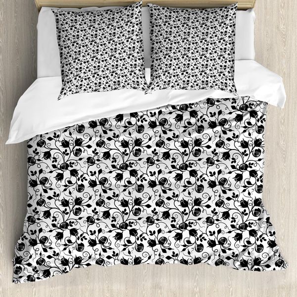 Set Copripiumino Abakuhaus Per Letti Singoli, Rose Intrecciate Monocromatiche, Antiacaro E Anallergico Con Federa, 155 Cm X 220 Cm - 80 X 80 Cm, Grigio Antracite E Bianco-image