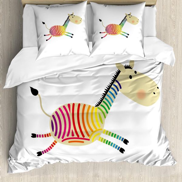 Abakuhaus Set Copripiumino Arcobaleno Zebra Per Letti Singoli, Allegri Animali Cartoon, Antiacaro, Adatto A Chi Soffre Di Allergie, Con Federa, 200 Cm X 200 Cm - 80 X 80 Cm, Bianco E Multicolore-image