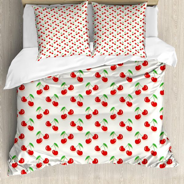 Abakuhaus Set Copripiumino Per Letto Singolo, Ciliegia, Frutta E Foglie, Antiacaro, Adatto A Chi Soffre Di Allergie, Con Federa, 200 Cm X 200 Cm - 80 X 80 Cm, Verde Vermiglio-image