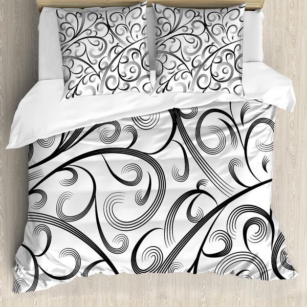 Abakuhaus Set Copripiumino Astratto Per Letti Singoli, Linee Sinuose Artistiche, Antiacaro, Adatto A Chi Soffre Di Allergie, Con Federa, 155 Cm X 220 Cm - 80 X 80 Cm, Grigio Antracite E Bianco-image