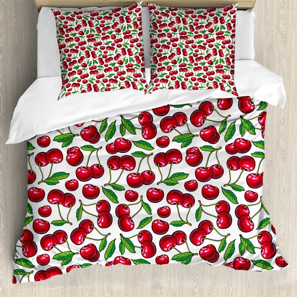 Abakuhaus Set Copripiumino Ciliegia Per Letti Singoli, Disegno Estivo Con Frutta, Antiacaro, Adatto A Chi Soffre Di Allergie, Con Federa, 200 Cm X 200 Cm - 80 X 80 Cm, Rosa Scuro Lampone-image