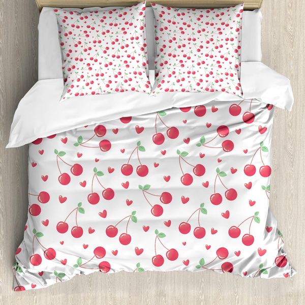 Abakuhaus Set Copripiumino Per Letto Singolo, Motivo Frutta Estiva E Cuori, Antiacaro, Adatto A Chi Soffre Di Allergie, Con Federa, 200 Cm X 200 Cm - 80 X 80 Cm, Verde Corallo-image
