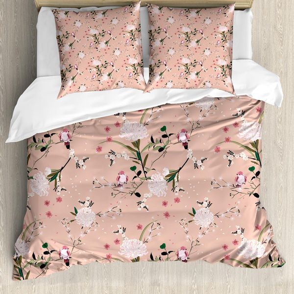 Abakuhaus Set Copripiumino Per Letto Singolo, Blooming Oriental Garden, Antiacaro, Adatto A Chi Soffre Di Allergie, Con Federa, 200 Cm X 200 Cm - 80 X 80 Cm, Pale Salmon Multicolor-image