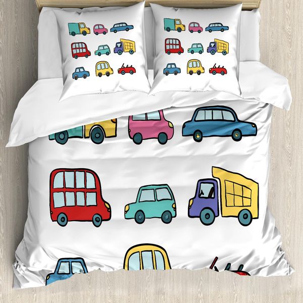 Abakuhaus Set Copripiumino Vintage Trucks Per Letti Singoli, Cartoon Cars, Antiacaro, Adatto A Chi Soffre Di Allergie, Con Federa, 155 Cm X 220 Cm - 80 X 80 Cm, Multicolore-image